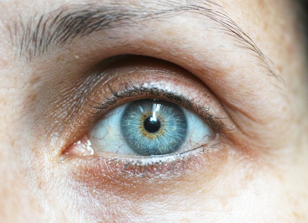journey Detailed close-up image of a woman's blue eye revealing intricate details.